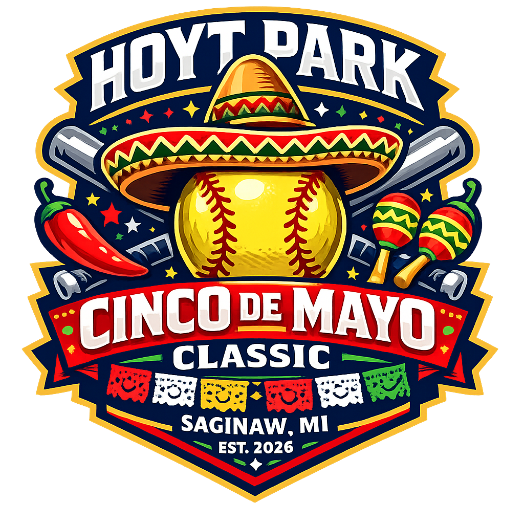 Hoyt Park Cinco de Mayo Classic tournament logo featuring a softball and sombrero